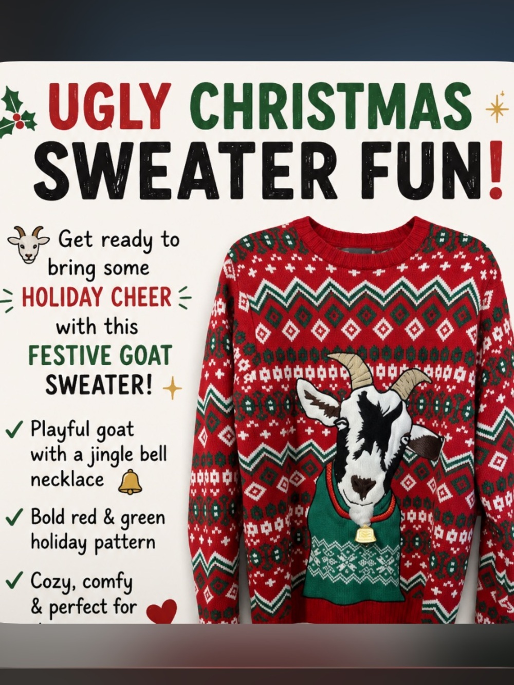 Ugly Christmas Sweater Fun! Goat graphic with jingle bell attached. Size XL